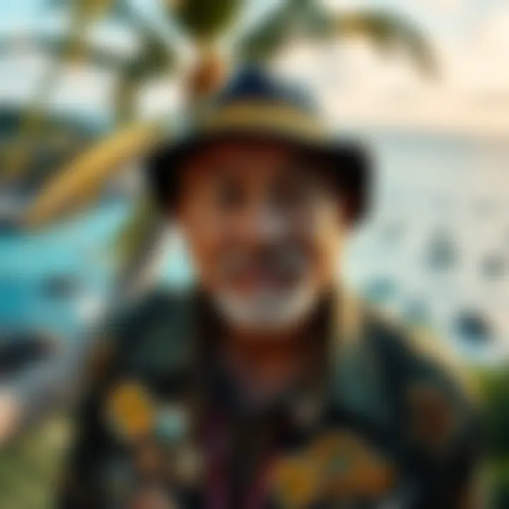 A person collecting badges in Hawaii, surrounded by tropical scenery, with various badges displayed