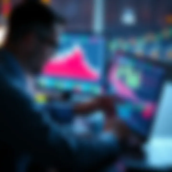 A financial analyst reviewing charts and graphs related to the HBAR ETF SEC decision, with a laptop displaying stock market data in the background.