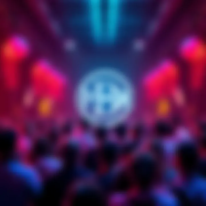 A digital representation of Hbar logo with a symbol for instant payments, showing a vibrant community of people engaged in discussion.