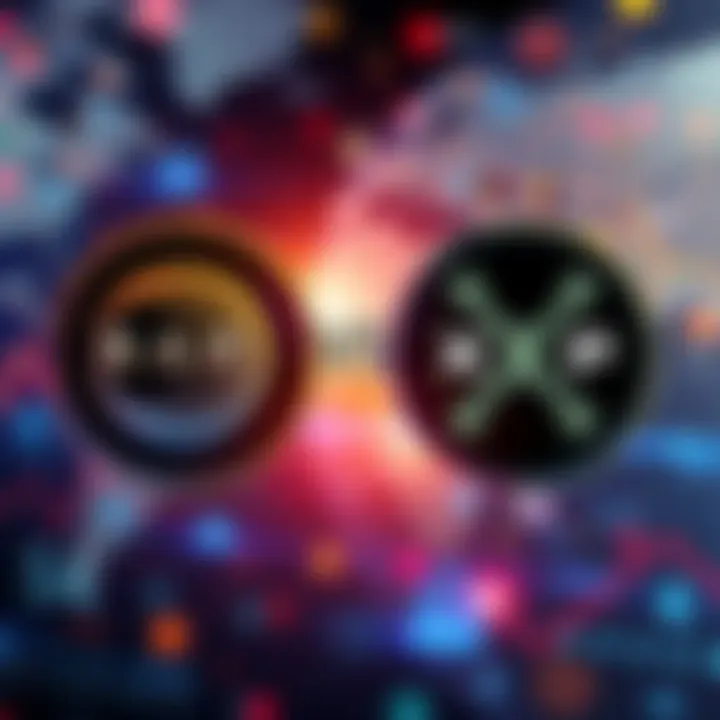 A graphic showing HBAR and XRP logos competing in cross-border payment solutions against a backdrop of global financial symbols.