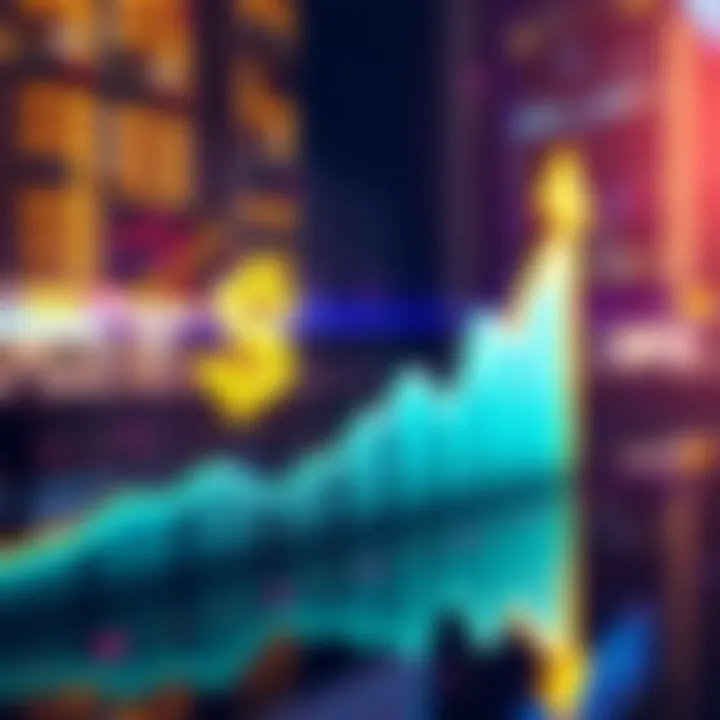 HBar Chart Growth A graph showing the potential rise of HBar's market cap over time, with a dollar symbol and upward arrows indicating growth.