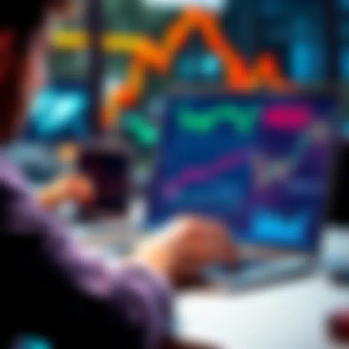 A person analyzing HBAR trends on a laptop with financial charts and graphs displayed