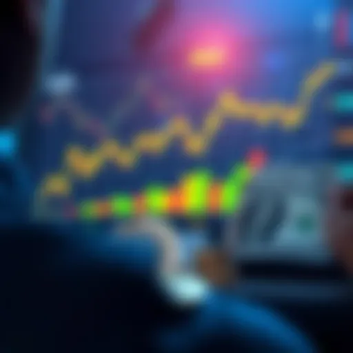A person analyzing a graph showing Hbar price trends and potential returns on investment with dollar bills and coins in the foreground