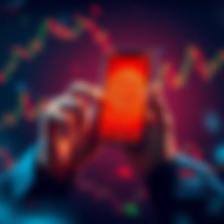 HBAR Investment Confidence A person confidently holding a smartphone displaying HBAR cryptocurrency, surrounded by fluctuating market graphs, symbolizing strong belief in future potential.