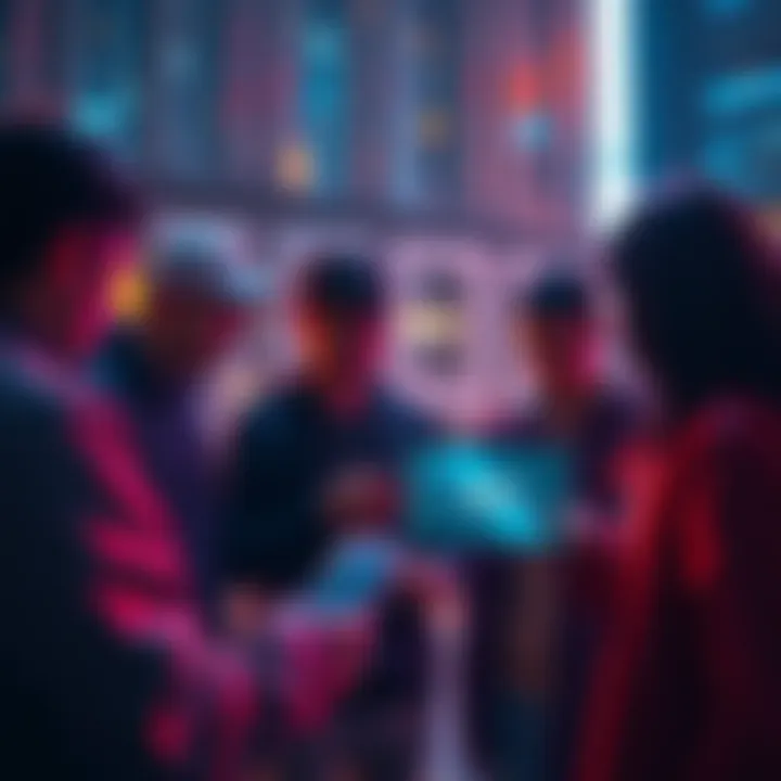 A group of HBAR token holders interacting with Hedera's DeFi platforms, displaying USDC transactions on their devices.
