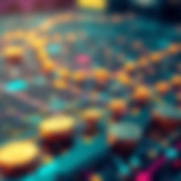 Managing HBAR Transactions in Business A graphical representation of transaction flow in the Hedera network with hbar coins symbolizing currency flow in supply chains.