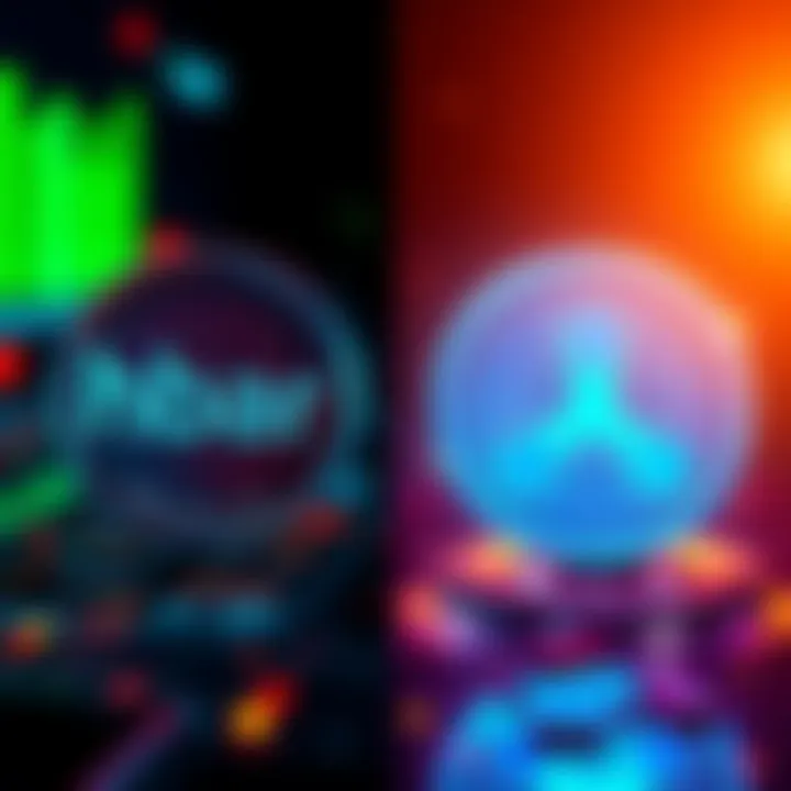 Side-by-side comparison of Hbar and XRP logos with visual elements representing technology and finance