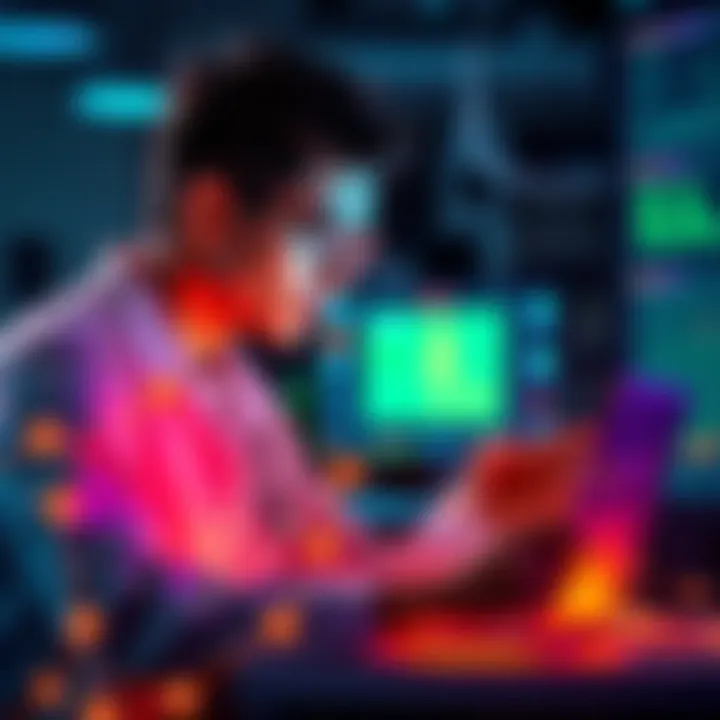 A biotechnology student working on a digital health care interface, showcasing innovative features and technology