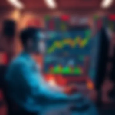 Healthcare Worker at Computer A stressed healthcare worker sits at a computer, looking at financial graphs with a worried expression, reflecting on recent trading losses.