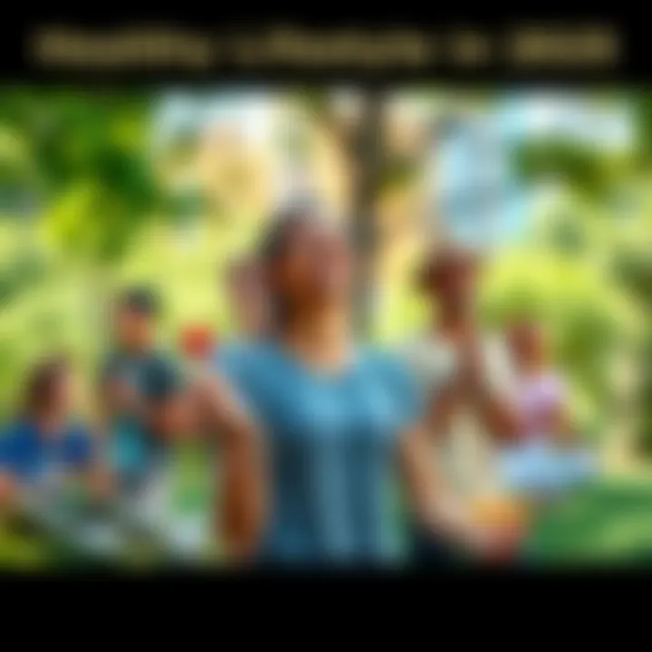 A diverse group of people engaging in outdoor exercise, enjoying fresh fruits and vegetables, and practicing mindfulness in a park setting