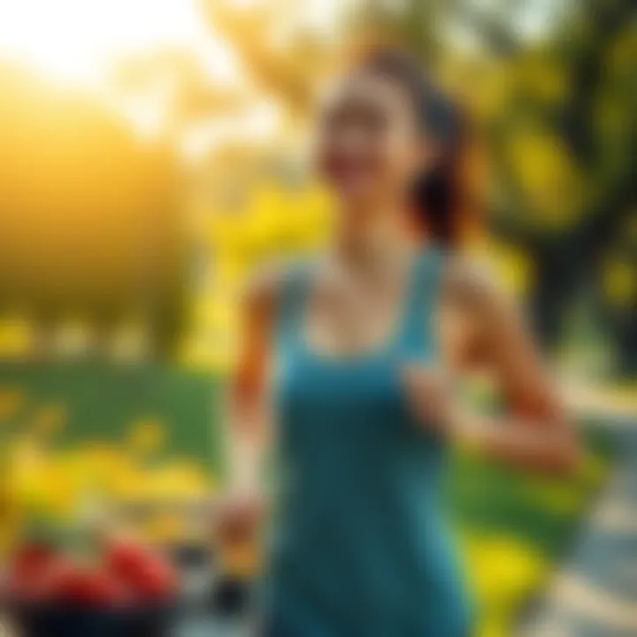 A young woman jogging in a park, enjoying a healthy lifestyle with fresh fruits nearby.