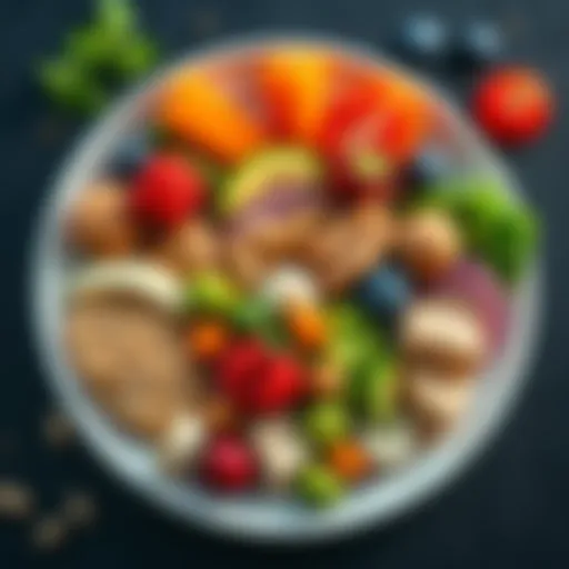 A colorful plate filled with fruits, vegetables, proteins, and whole grains arranged in a balanced way