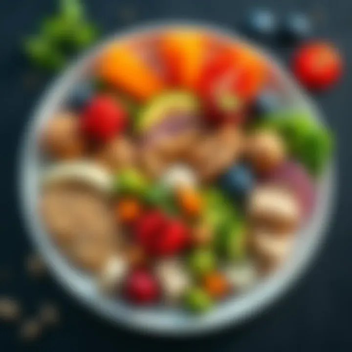 A colorful plate filled with fruits, vegetables, proteins, and whole grains arranged in a balanced way