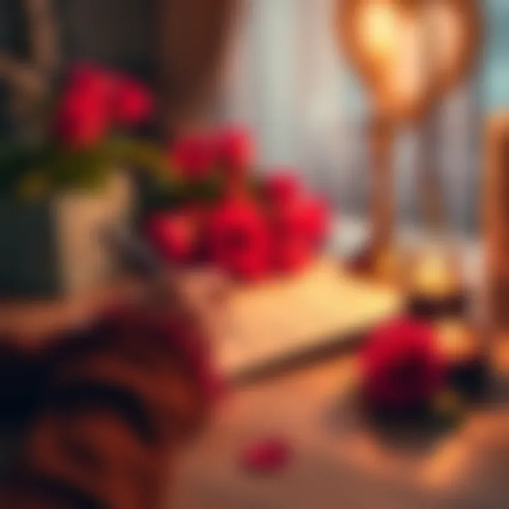 A person writing a love letter with a pen on a desk surrounded by flowers and candles