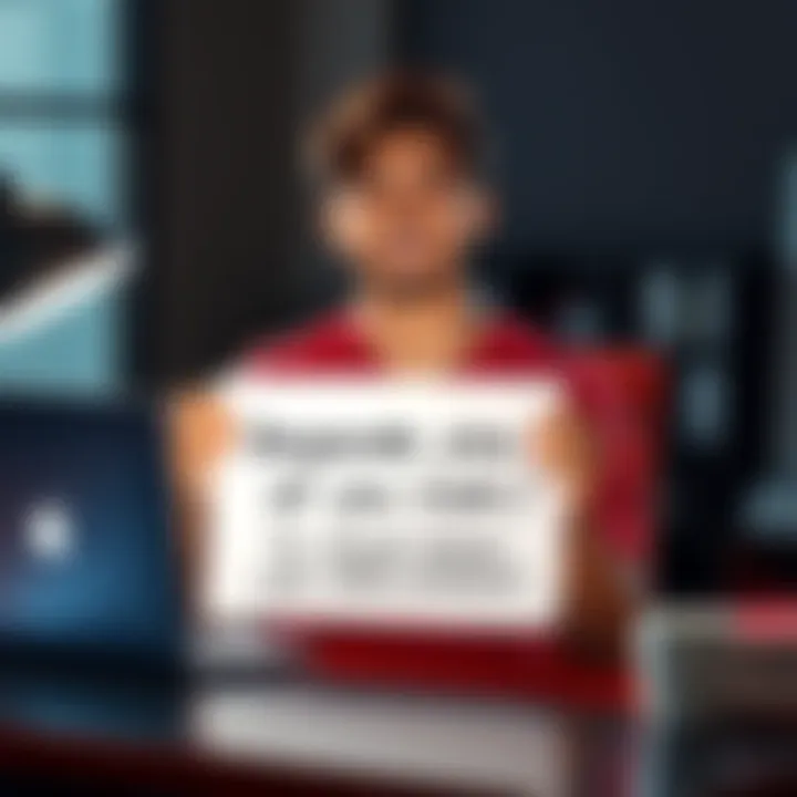 A person sitting at a desk with a laptop, looking hopeful while holding a sign asking for financial help to rebuild their online presence.