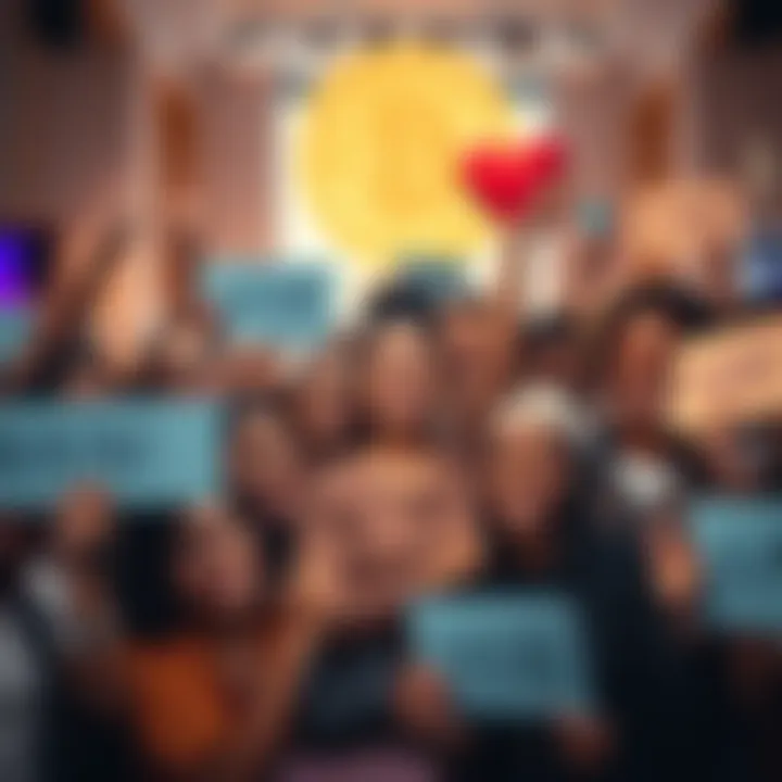 A group of diverse people celebrating their loyalty to the $AINI coin with positive signs and smiles, symbolizing unity in the crypto space.