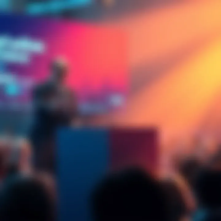A professional speaker at a podium shares insights on digital assets and traditional finance in front of an audience.