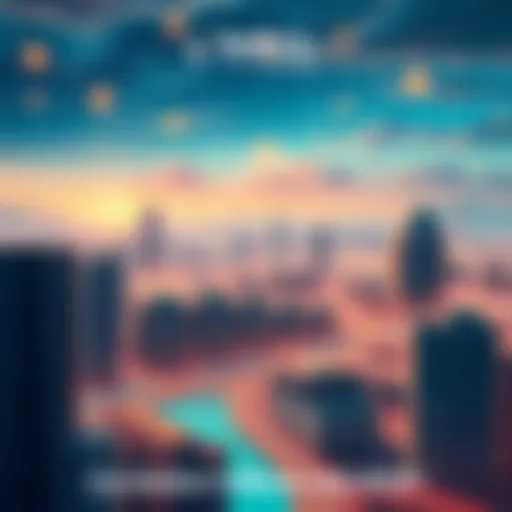 Hedera Infrastructure and Tokenization Illustration of Hedera's network showcasing tokenized real-world assets such as buildings and commodities, highlighting a digital landscape connecting financial institutions.