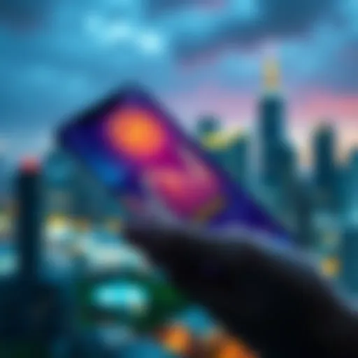 A smartphone displaying Hedera (HBAR) cryptocurrency on a digital wallet app, with a graph showing growth and a backdrop of a city skyline representing real-world usage.