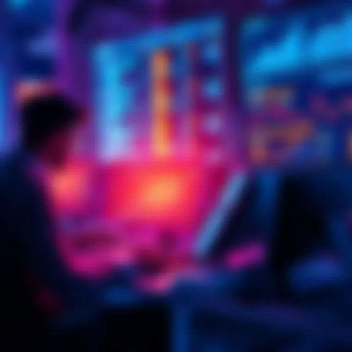 A visual representation of developers collaborating on Hedera projects, showcasing coding on computers and charts indicating growth.