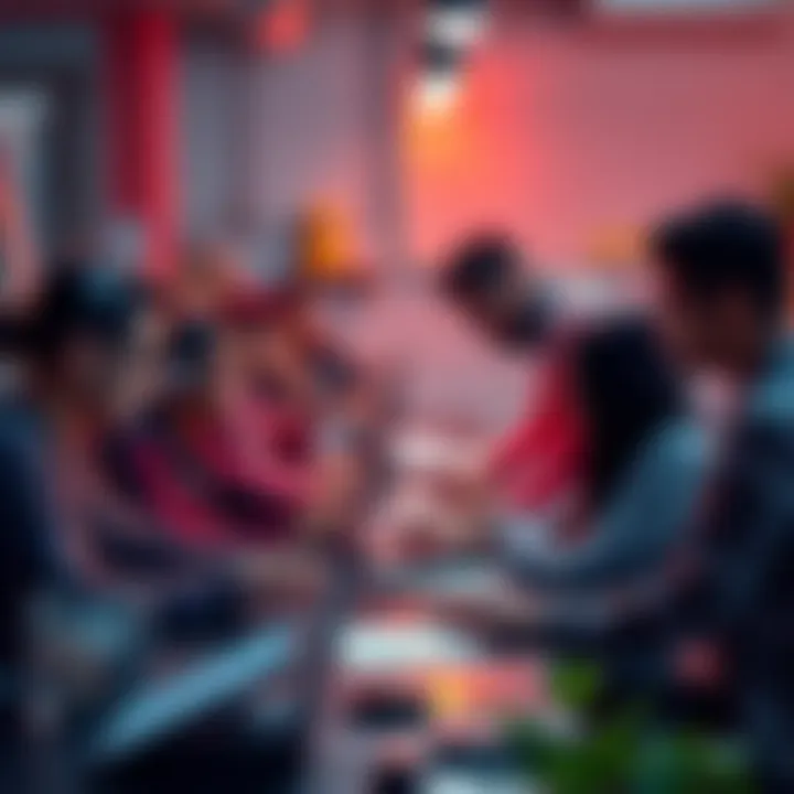 A diverse group of developers collaborating on blockchain technology at a workspace, showcasing Hedera's growth in 2025.