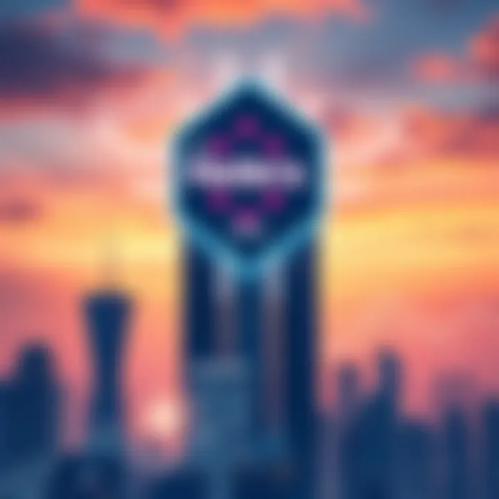 A digital illustration showing a futuristic Hedera logo rising above a city skyline with technology elements, symbolizing growth and new developments.