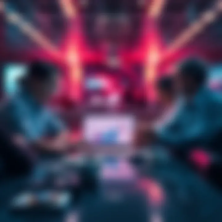 A group of people discussing blockchain technology with charts and graphs on a laptop.