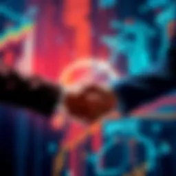 Hedera and PwC team shaking hands to symbolize their partnership, with a backdrop of technology graphics representing blockchain.