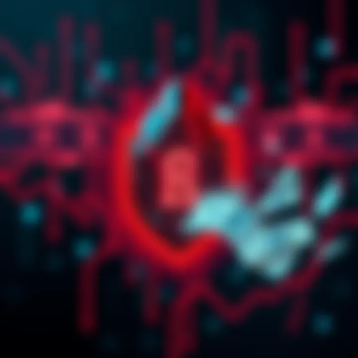 A visual representation of a security breach with a hacker symbol and digital money disappearing, signifying the theft of $5 million in assets from Hedera.
