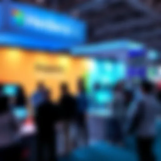 A booth showcasing Hedera's technology at the Singapore Fintech Festival. People are engaging with displays and discussing innovations in finance.