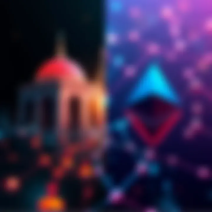 A split image showing Hedera's council of organizations on one side and Ethereum's decentralized network on the other, highlighting their governance styles.