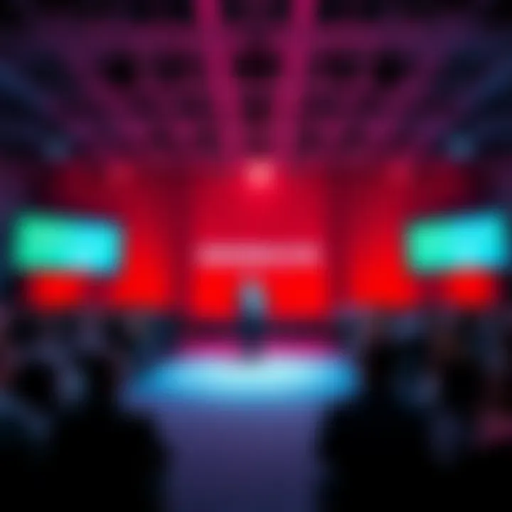 A speaker presenting on stage at Hederacon Miami with an empty audience area, illustrating the event's focus on talks rather than networking booths.