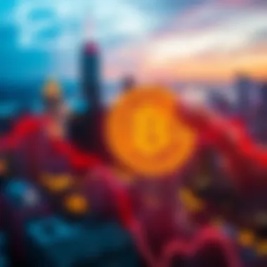 A graph showing Bitcoin prices sharply declining, with a city skyline in the background representing Hong Kong hedge funds.