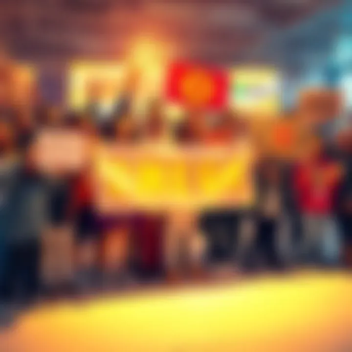 A group of enthusiastic people celebrating their investment in meme coin $HEGE, with banners and signs showcasing community spirit.