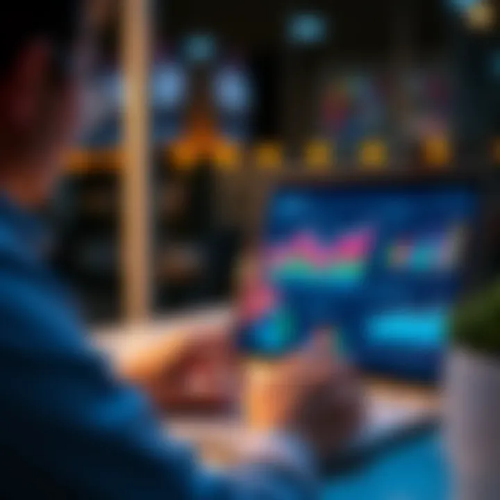 A person analyzing a performance report on a laptop, with graphs and charts displayed on the screen