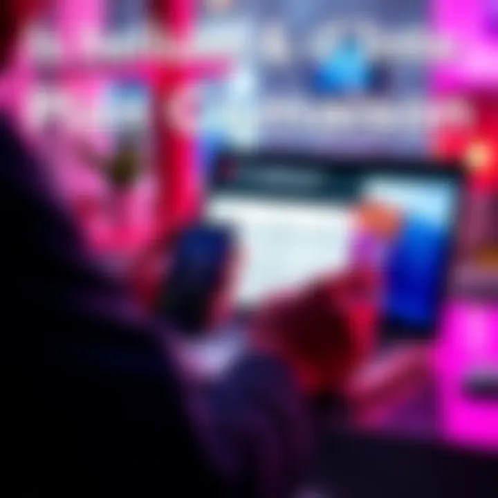 A person looking at their phone while comparing Helium and T-Mobile plans on a laptop.