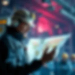 Helium Mining in 2026 A former helium miner looks at a map of mining locations while discussing current trends with a group of people.