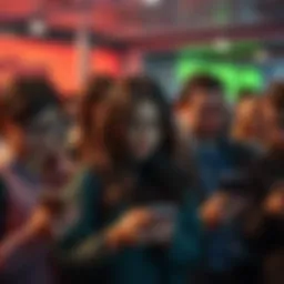 A group of frustrated customers looking at their phones after the removal of Helium Mobile's free plan