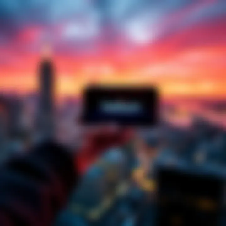 Helium Mobile Hotspot A person holding a helium mobile hotspot device with a city skyline in the background.