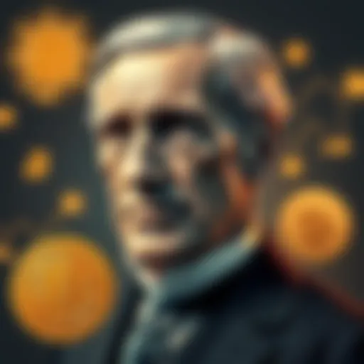 A vintage portrait of Henry Ford with Bitcoin symbols and energy icons, symbolizing his vision of currency transformation.