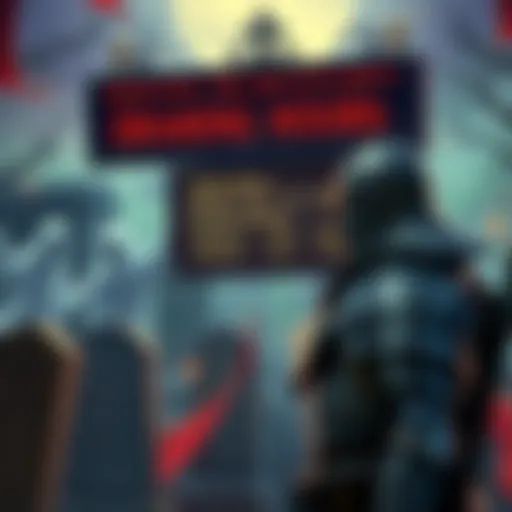 A hero in armor looks confused in front of a spooky graveyard with a sign showing operating hours. Ghostly figures linger in the background, hinting at dangers within the graveyard after hours.