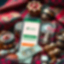 A mobile phone displaying the HesabPay app with digital cash being sent, surrounded by traditional Afghan items.