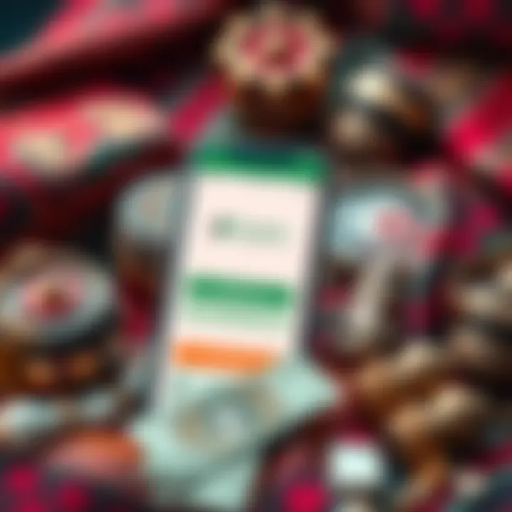 A mobile phone displaying the HesabPay app with digital cash being sent, surrounded by traditional Afghan items.