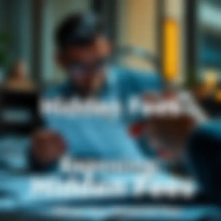 Hidden Fees Concept A person reviewing bills with a magnifying glass, looking for hidden fees in financial documents.