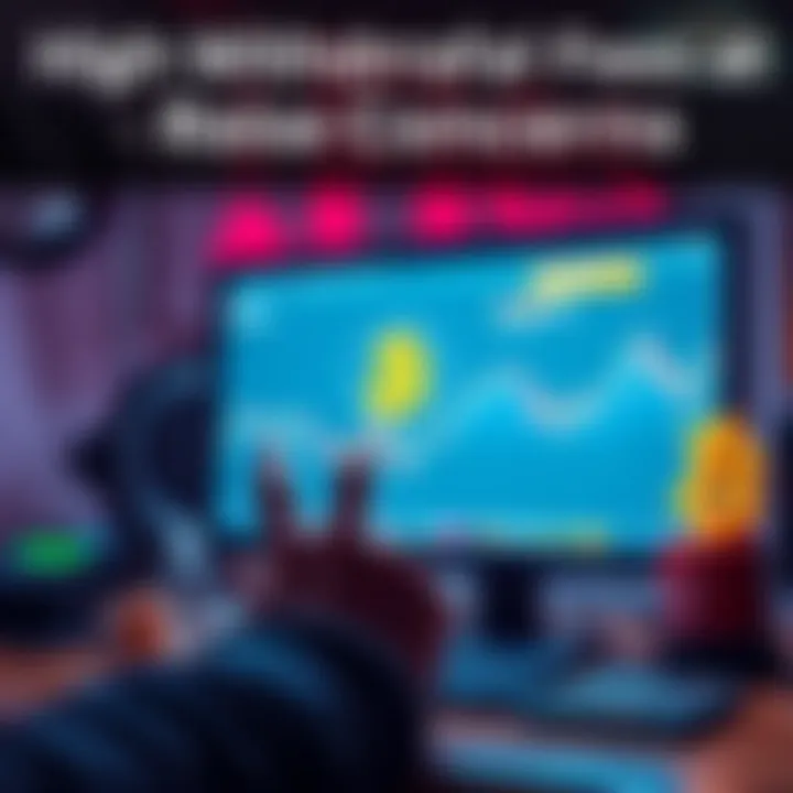 A frustrated person looking at a computer screen that shows high fees after selling Bitcoin, with dollar signs and a calculator nearby