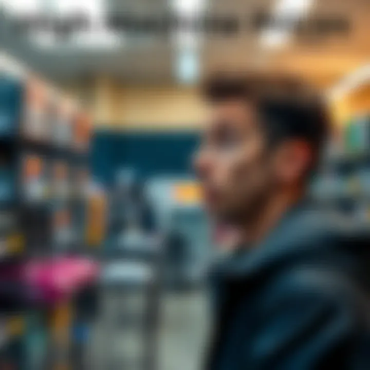 A frustrated person looking at high prices for machines in a store, showing dissatisfaction with the current market.