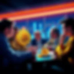 Group of wealthy people discussing Bitcoin purchases at a financial meeting