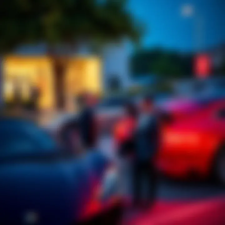 Several luxury cars parked near Hashgraph office with well-dressed individuals walking around in Richardson, Texas.