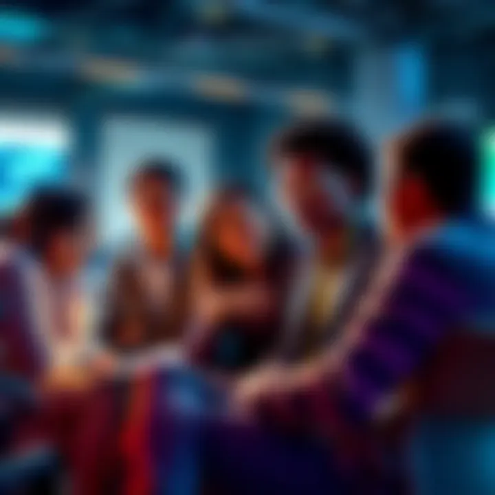 A group of diverse professionals discussing hiring strategies for developers in the crypto industry