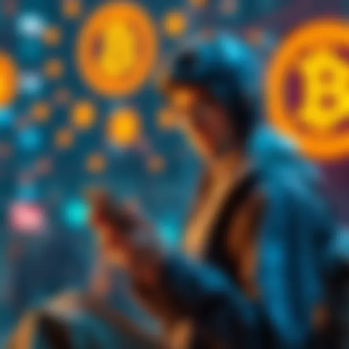 A person using a smartphone to hire someone for a physical task, with cryptocurrency symbols in the background